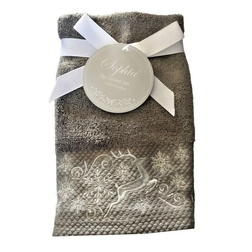 Christmas Reindeer Fingertip Towels Set of 2 Embellished Embroidered Gray White